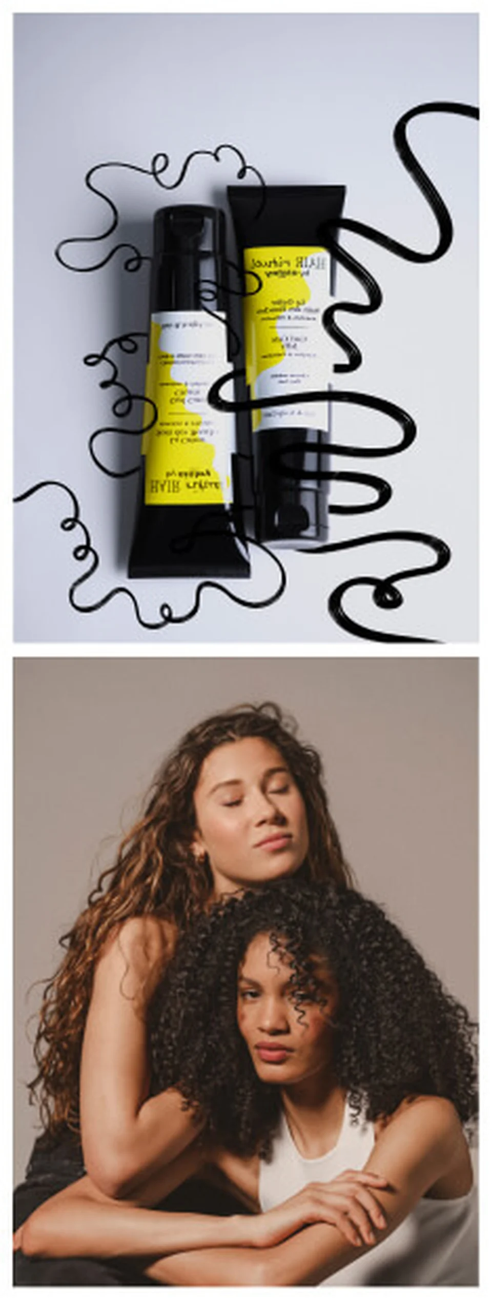 Hair Rituel Curl Care Cream and Jelly & Two Hair Rituel models with wavy hair and tightly curled hair