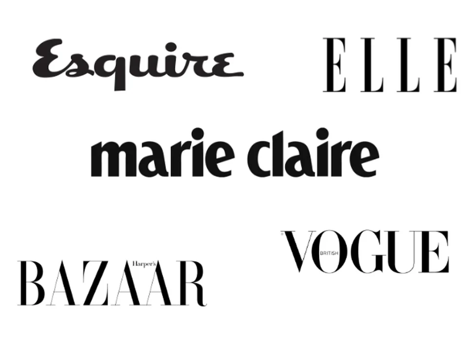 Esquire Magazine press logo ELLE Magazine press logo Marie Claire, Magazine press logo Bazaar, Magazine press logo Vogue, Magazine press logo
