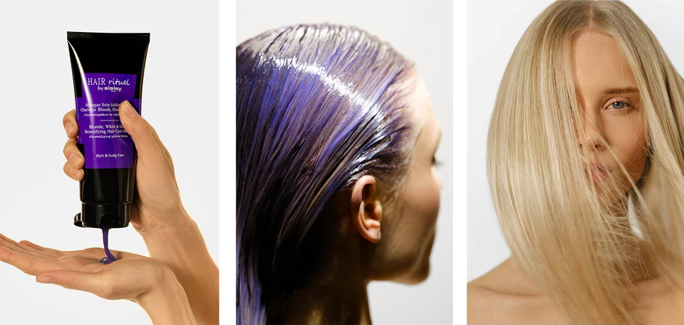 Blonde, White & Grey Beautifying Hair Care Mask applied to a model with blonde hair