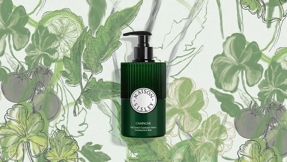 Maison Sisley collection hand wash set against a botanical-print background