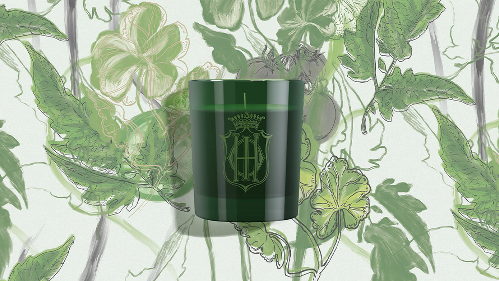 Campagne candle on a botanical-print background