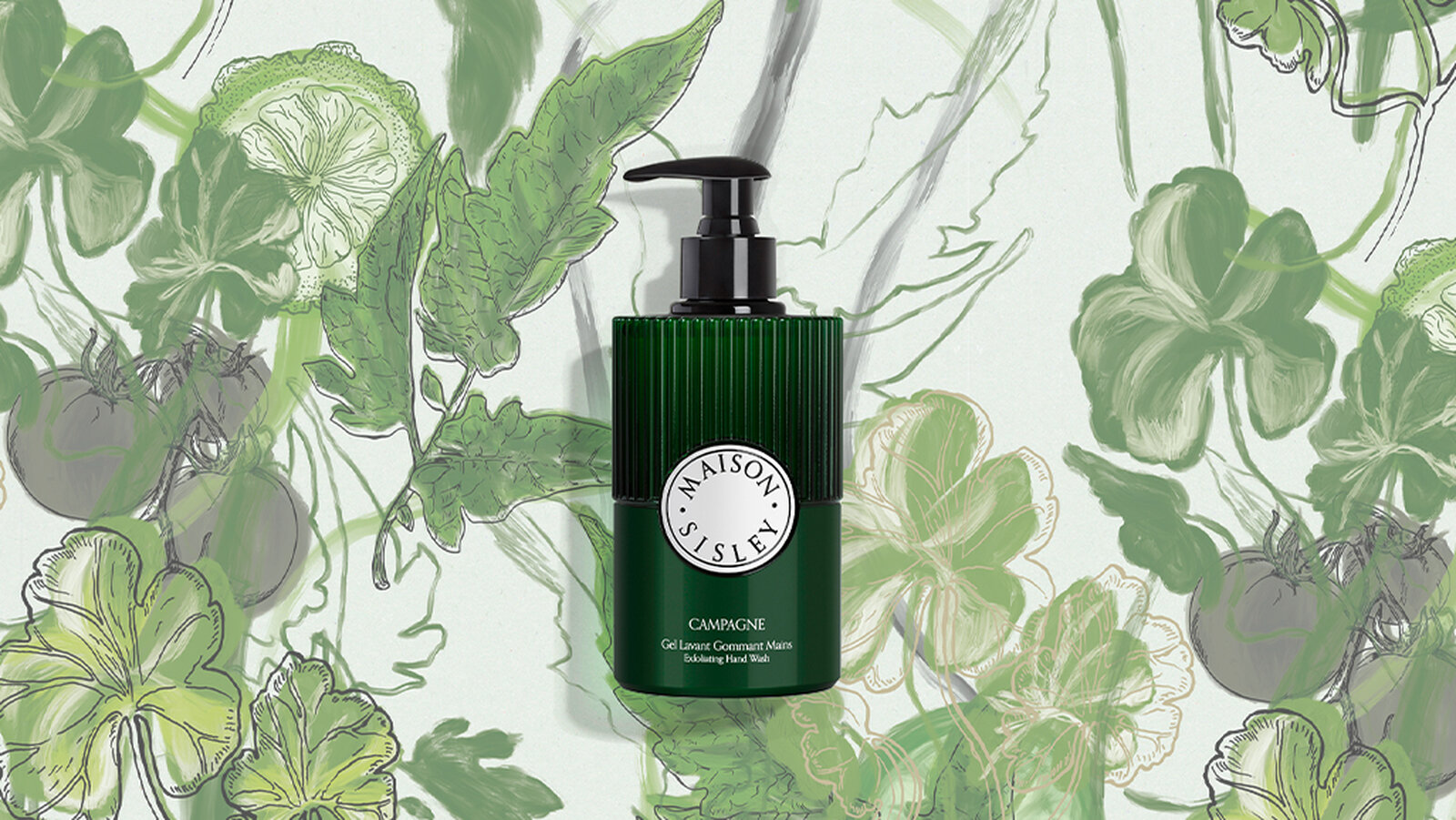 Maison Sisley collection hand wash set against a botanical-print background